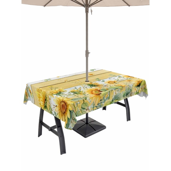 Outdoor Tablecloth with Umbrella Hole for Patio/Picnic/Party/Camping, Sunflower Waterproof Table Cloth Rectangle Table Cover Washable, Summer Eucalyptus Botanical Floral Yellow Wood (52"x 70")