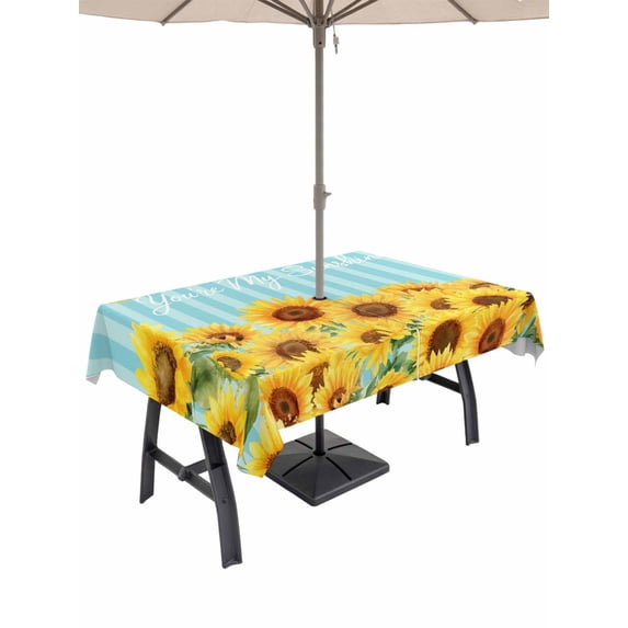 Outdoor Tablecloth with Umbrella Hole for Patio/Picnic/Party/Camping, Sunflower Waterproof Table Cloth Rectangle Table Cover Washable, Yellow Summer Botanical Blue Striped Farmhouse (60"x 102")