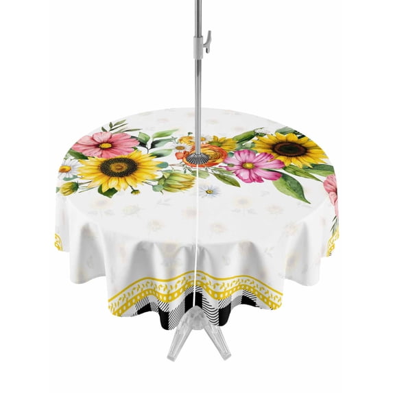 Outdoor Tablecloth with Umbrella Hole for Patio/Picnic/Party/Camping, Sunflower Waterproof Table Cloth Round Cover Washable, Pink Yellow Floral Elegant Pastoral Botanical (Dia 60")
