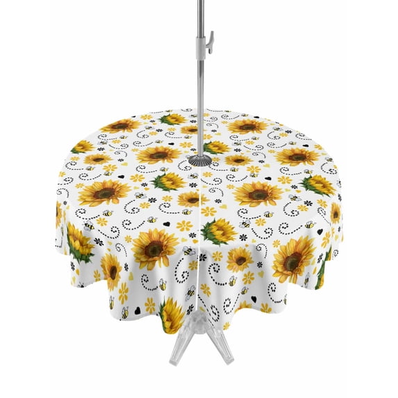 Outdoor Tablecloth with Umbrella Hole for Patio/Picnic/Party/Camping, Sunflower Waterproof Table Cloth Round Cover Washable, Summer Botanical Farmhouse Floral Elegant (Dia 60")