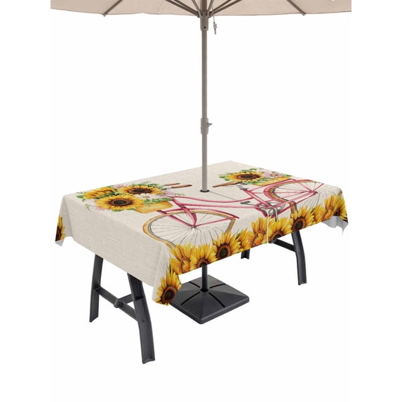 Outdoor Tablecloth with Umbrella Hole for Patio/Picnic/Party/Camping, Sunflowers Bicycle Waterproof Table Cloth Rectangle Table Cover Washable, Retro Summer Garden Blooms Flowers (54"x 80")