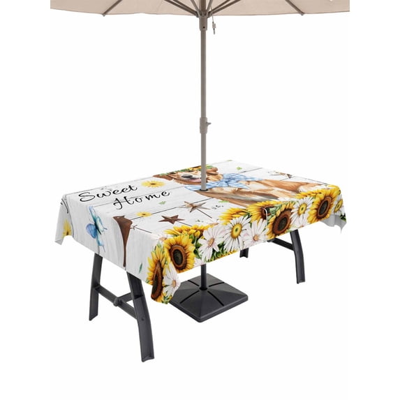 Outdoor Tablecloth with Umbrella Hole for Patio/Picnic/Party/Camping, Sunflowers Dog Waterproof Table Cloth Rectangle Table Cover Washable, Spring Watercolor Floral Stars Wood Grain (52"x 70")