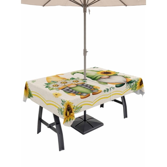 Outdoor Tablecloth with Umbrella Hole for Patio/Picnic/Party/Camping, Sunflowers Gnomes Waterproof Table Cloth Rectangle Table Cover Washable, Eucalyptus Spring Linen Texture (54"x 80")