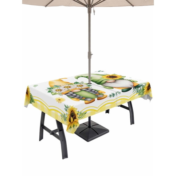Outdoor Tablecloth with Umbrella Hole for Patio/Picnic/Party/Camping, Sunflowers Gnomes Waterproof Table Cloth Rectangle Table Cover Washable, Eucalyptus Spring Yellow Plaid (60"x 84")