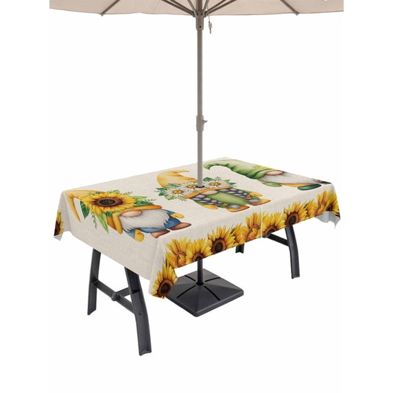 Outdoor Tablecloth with Umbrella Hole for Patio/Picnic/Party/Camping, Sunflowers Gnomes Waterproof Table Cloth Rectangle Table Cover Washable, Rustic Summer Botanical Budding Flowers (54"x 80")