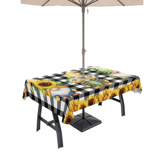 Outdoor Tablecloth with Umbrella Hole for Patio/Picnic/Party/Camping, Sunflowers Gnomes Waterproof Table Cloth Rectangle Table Cover Washable, Summer Botanical Blooms Floral Check (54"x 80")