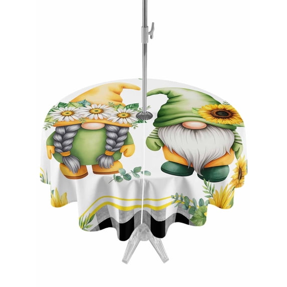 Outdoor Tablecloth with Umbrella Hole for Patio/Picnic/Party/Camping, Sunflowers Gnomes Waterproof Table Cloth Round Cover Washable, Eucalyptus Spring Black Checkered (Dia 54")