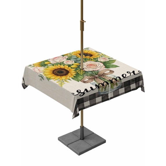 Outdoor Tablecloth with Umbrella Hole for Patio/Picnic/Party/Camping, Sunflowers Rose Waterproof Table Cloth Square Cover Washable, Retro Botanical Floral Eucalyptus Leaf Plaid (54"x 54")