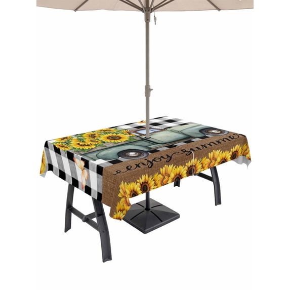 Outdoor Tablecloth with Umbrella Hole for Patio/Picnic/Party/Camping, Sunflowers Truck Waterproof Table Cloth Rectangle Table Cover Washable, Botanical Budding Floral Butterfly Plaid (60"x 120")