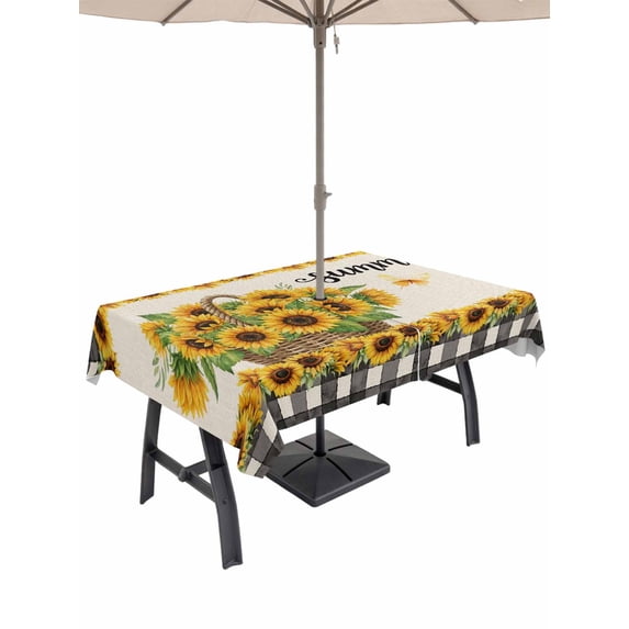 Outdoor Tablecloth with Umbrella Hole for Patio/Picnic/Party/Camping, Sunflowers Waterproof Table Cloth Rectangle Table Cover Washable, Farmhouse Retro Flowers Butterfly Checkered (60"x 84")