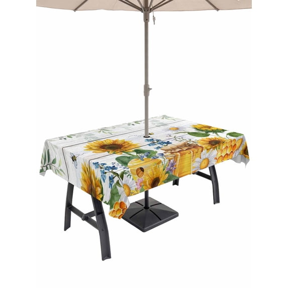Outdoor Tablecloth with Umbrella Hole for Patio/Picnic/Party/Camping, Sunflowers Waterproof Table Cloth Rectangle Table Cover Washable, Floral Green Leaves Bees Watercolor Wooden (54"x 80")