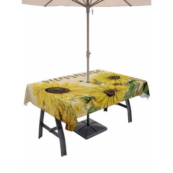 Outdoor Tablecloth with Umbrella Hole for Patio/Picnic/Party/Camping, Sunflowers Waterproof Table Cloth Rectangle Table Cover Washable, Retro Spring Botanical Blossom Flowers Bees (52"x 70")