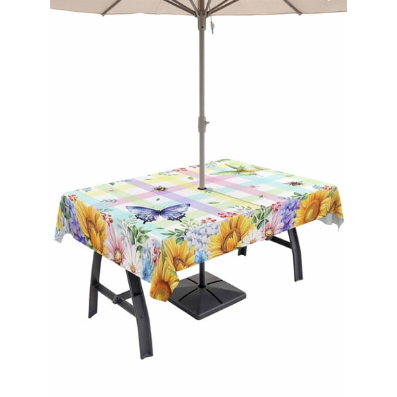 Outdoor Tablecloth with Umbrella Hole for Patio/Picnic/Party/Camping, Sunflowers Waterproof Table Cloth Rectangle Table Cover Washable, Spring Flowers Butterflies Hydrangea Watercolor (60"x 120")