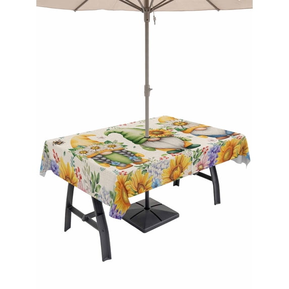 Outdoor Tablecloth with Umbrella Hole for Patio/Picnic/Party/Camping, Sunflowers Waterproof Table Cloth Rectangle Table Cover Washable, Spring Gnomes Hydrangea Daisy Botanical Beige (60"x 102")
