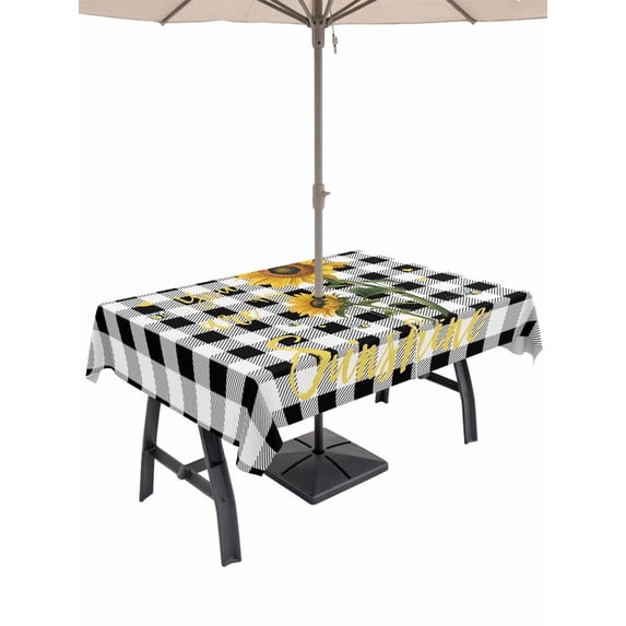 Outdoor Tablecloth with Umbrella Hole for Patio/Picnic/Party/Camping, Sunflowers Waterproof Table Cloth Rectangle Table Cover Washable, Spring Summer Bees Floral Black Plaid (60"x 84")
