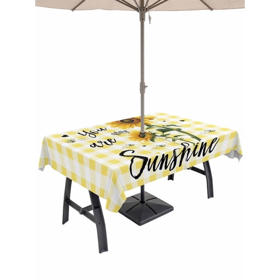 Outdoor Tablecloth with Umbrella Hole for Patio/Picnic/Party/Camping, Sunflowers Waterproof Table Cloth Rectangle Table Cover Washable, Spring Summer Bees Floral Yellow Plaid (52"x 70")