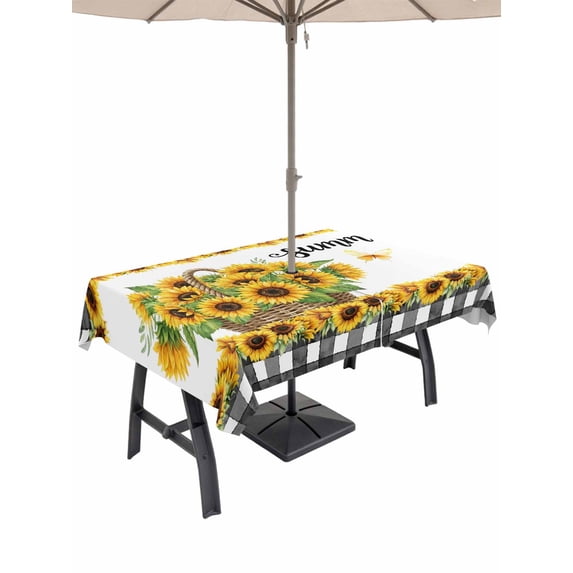Outdoor Tablecloth with Umbrella Hole for Patio/Picnic/Party/Camping, Sunflowers Waterproof Table Cloth Rectangle Table Cover Washable, Summer Botanical Yellow Floral Butterfly Plaid (52"x 70")