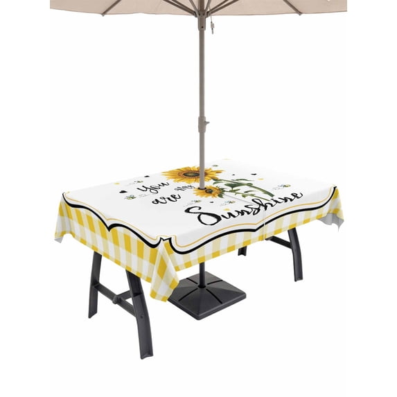 Outdoor Tablecloth with Umbrella Hole for Patio/Picnic/Party/Camping, Sunflowers Waterproof Table Cloth Rectangle Table Cover Washable, Yellow Floral Botanical Checkered Farmhouse (60"x 102")