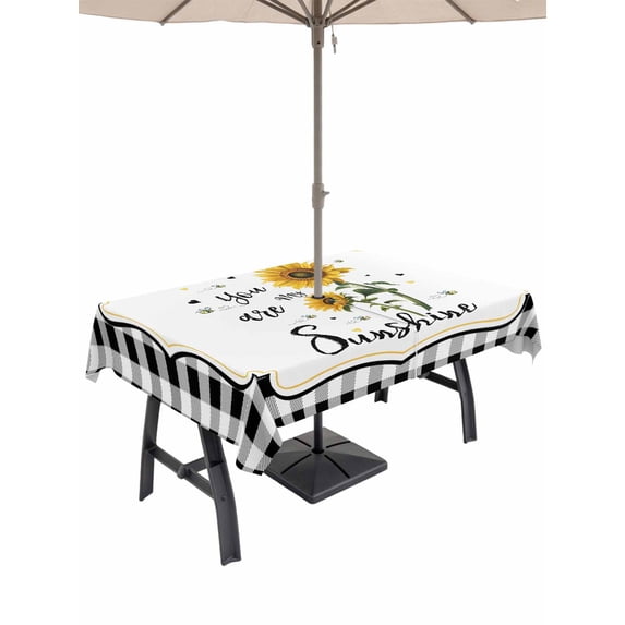 Outdoor Tablecloth with Umbrella Hole for Patio/Picnic/Party/Camping, Sunflowers Waterproof Table Cloth Rectangle Table Cover Washable, Yellow Floral Botanical Black White Plaid Farmhouse (60"x 102")
