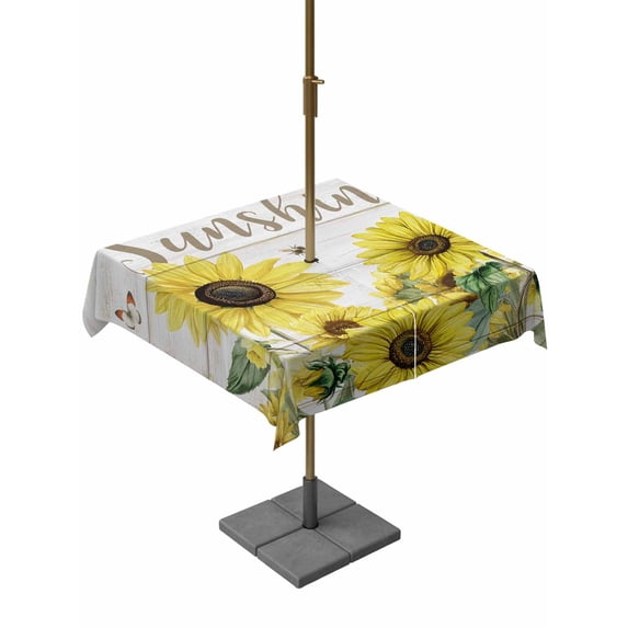 Outdoor Tablecloth with Umbrella Hole for Patio/Picnic/Party/Camping, Sunflowers Waterproof Table Cloth Square Cover Washable, Country Spring Botanical Flowers Bee Wooden (54"x 54")
