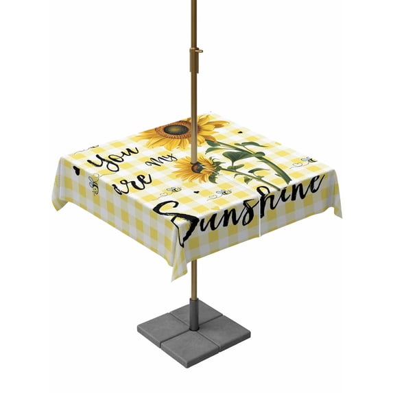 Outdoor Tablecloth with Umbrella Hole for Patio/Picnic/Party/Camping, Sunflowers Waterproof Table Cloth Square Cover Washable, Spring Summer Bees Floral Yellow Plaid (60"x 60")
