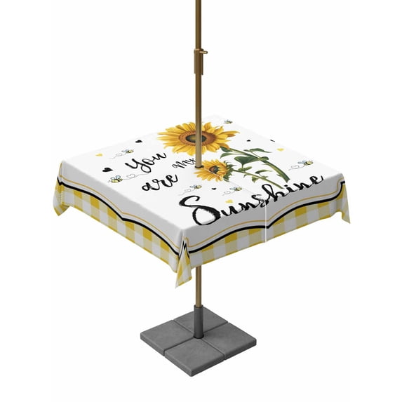 Outdoor Tablecloth with Umbrella Hole for Patio/Picnic/Party/Camping, Sunflowers Waterproof Table Cloth Square Cover Washable, Yellow Floral Botanical Checkered Farmhouse (54"x 54")