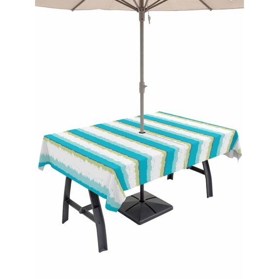 Outdoor Tablecloth with Umbrella Hole for Patio/Picnic/Party/Camping, Teal Aqua Stripes Waterproof Table Cloth Rectangle Table Cover Washable, Vertical Waves Coastal Abstract Minimalist (60"x 102")