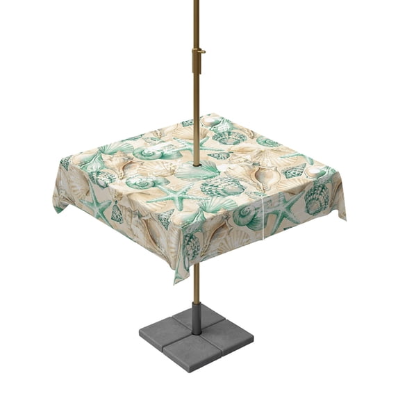 Outdoor Tablecloth with Umbrella Hole for Patio/Picnic/Party/Camping, Teal Beige Coastal Waterproof Table Cloth Square Cover Washable, Summer Beach Starfish Conch Shell Ocean (60"x 60")