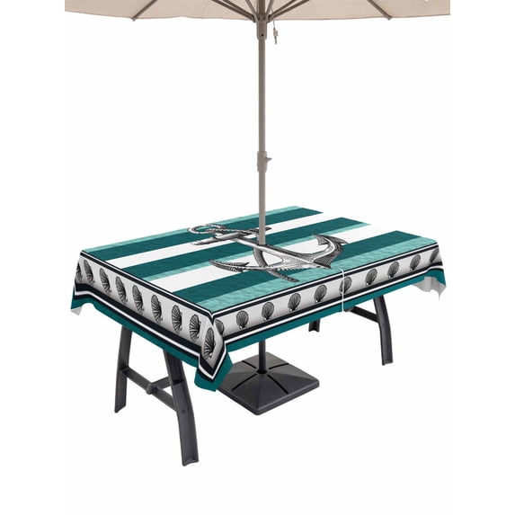 Outdoor Tablecloth with Umbrella Hole for Patio/Picnic/Party/Camping, Teal Blue Anchor Waterproof Table Cloth Rectangle Table Cover Washable, Nautical Summer Beach Coastal Ocean (54"x 80")