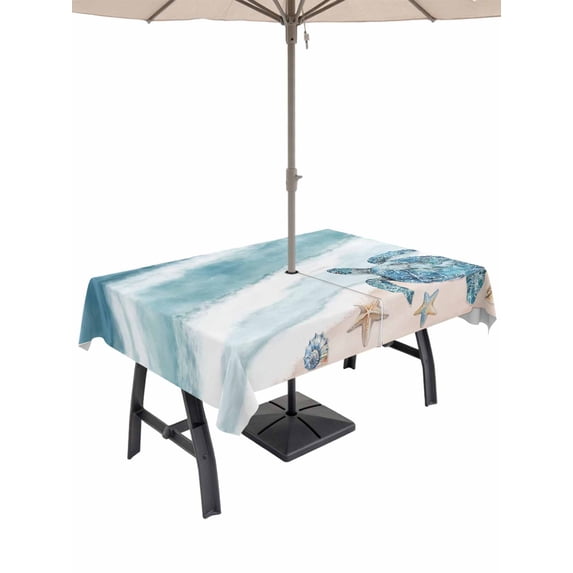 Outdoor Tablecloth with Umbrella Hole for Patio/Picnic/Party/Camping, Teal Blue Beach Waterproof Table Cloth Rectangle Table Cover Washable, Coastal Waves Ocean Starfish Conch (54"x 80")