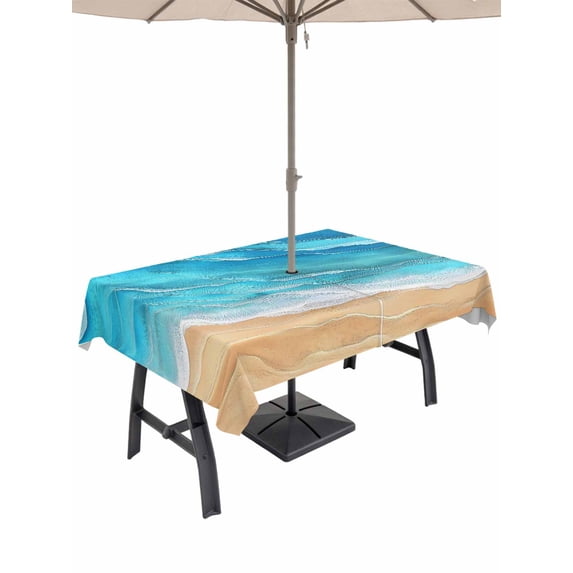 Outdoor Tablecloth with Umbrella Hole for Patio/Picnic/Party/Camping, Teal Blue Coastal Beach Waterproof Table Cloth Rectangle Table Cover Washable, Summer Nautical Ocean Beige Seaside (60"x 102")
