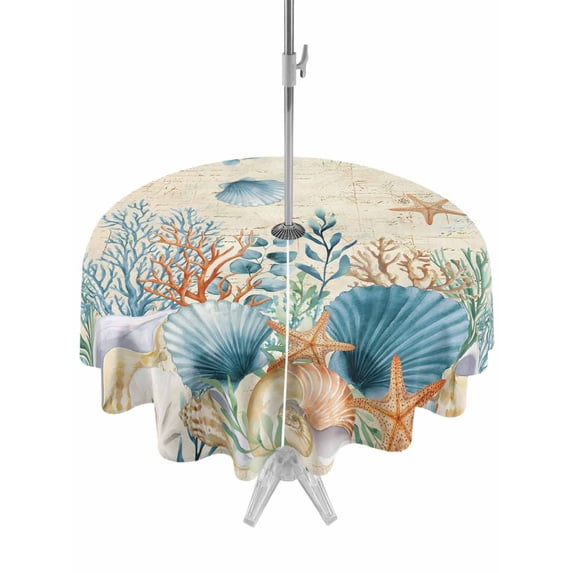 Outdoor Tablecloth with Umbrella Hole for Patio/Picnic/Party/Camping, Teal Blue Coastal Waterproof Table Cloth Round Cover Washable, Summer Beach Starfish Shell Coral Nautical Retro (Dia 60")