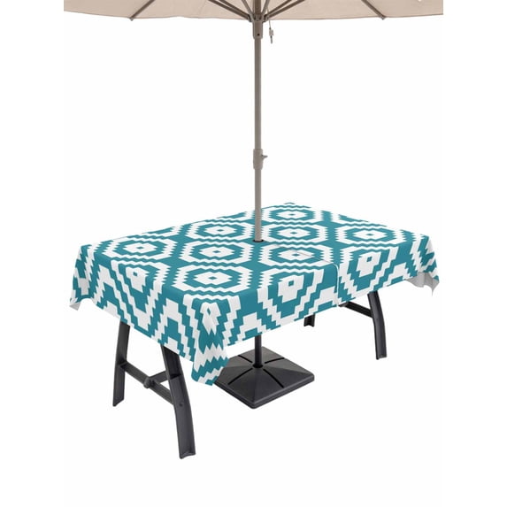 Outdoor Tablecloth with Umbrella Hole for Patio/Picnic/Party/Camping, Teal Blue Geometric Waterproof Table Cloth Rectangle Table Cover Washable, Modern Abstract Art Rhombus (52"x 70")