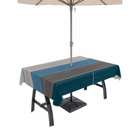 Outdoor Tablecloth with Umbrella Hole for Patio/Picnic/Party/Camping, Teal Blue Ombre Waterproof Table Cloth Rectangle Table Cover Washable, Retro Farmhouse Gradient Wood (54"x 80")
