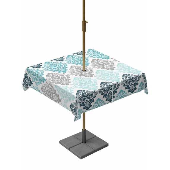 Outdoor Tablecloth with Umbrella Hole for Patio/Picnic/Party/Camping, Teal Boho Flowers Waterproof Table Cloth Square Cover Washable, Modern Luxurious Ombre Geometric Floral (60"x 60")