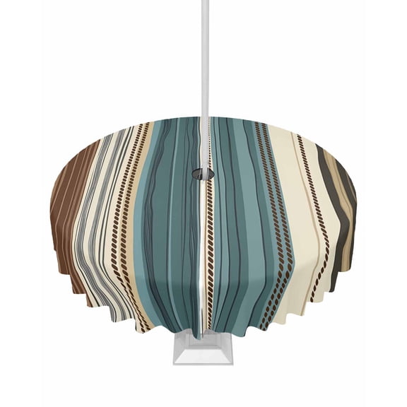 Outdoor Tablecloth with Umbrella Hole for Patio/Picnic/Party/Camping, Teal Boho Stripes Waterproof Table Cloth Round Cover Washable, Modern Bohemia Brown Beige Texture Dia 60"