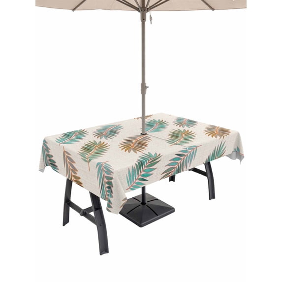 Outdoor Tablecloth with Umbrella Hole for Patio/Picnic/Party/Camping, Teal Brown Palm Leaf Waterproof Table Cloth Rectangle Table Cover Washable, Summer Botanical Tropical Rustic (52"x 70")