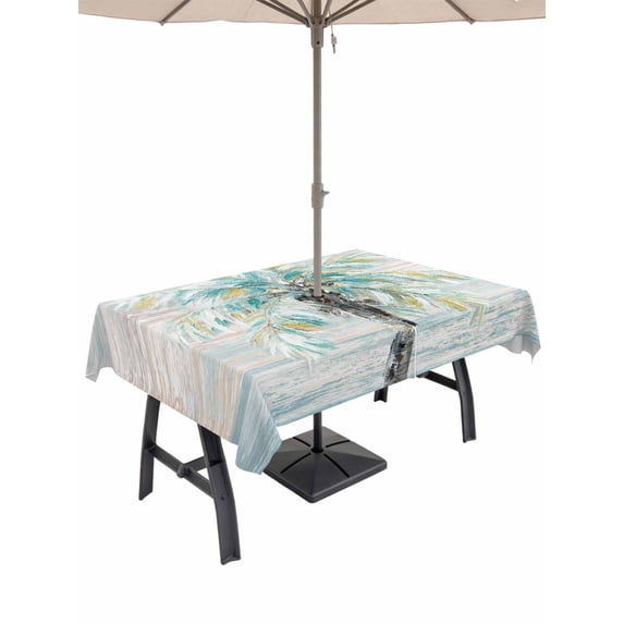 Outdoor Tablecloth with Umbrella Hole for Patio/Picnic/Party/Camping, Teal Coastal Tree Waterproof Table Cloth Rectangle Table Cover Washable, Seaside Palm Tree Tropical Botanical (52"x 70")
