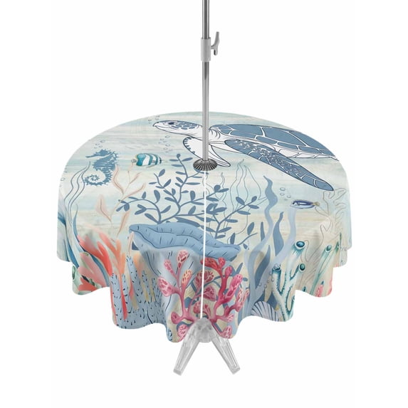 Outdoor Tablecloth with Umbrella Hole for Patio/Picnic/Party/Camping, Teal Coastal Turtle Waterproof Table Cloth Round Cover Washable, Beach Nautical Ocean Coral Seahorse (Dia 60")