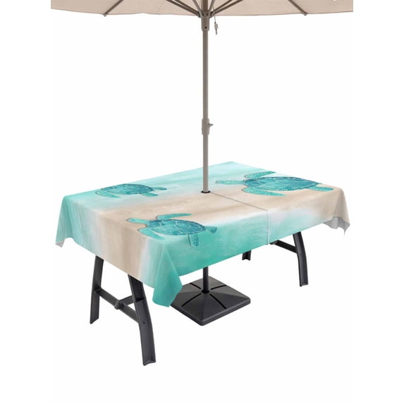 Outdoor Tablecloth with Umbrella Hole for Patio/Picnic/Party/Camping, Teal Coastal Waterproof Table Cloth Rectangle Table Cover Washable, Sea Turtle Beach Nautical Seaside Ocean (60"x 120")