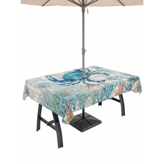 Outdoor Tablecloth with Umbrella Hole for Patio/Picnic/Party/Camping, Teal Crabs Coastal Waterproof Table Cloth Rectangle Table Cover Washable, Summer Beach Coral Nautical Ocean (52"x 70")
