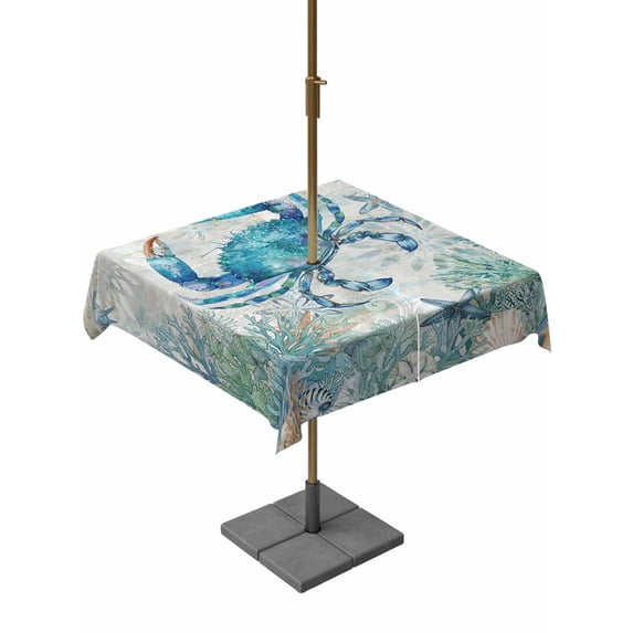 Outdoor Tablecloth with Umbrella Hole for Patio/Picnic/Party/Camping, Teal Crabs Coastal Waterproof Table Cloth Square Cover Washable, Summer Beach Coral Nautical Ocean (54"x 54")