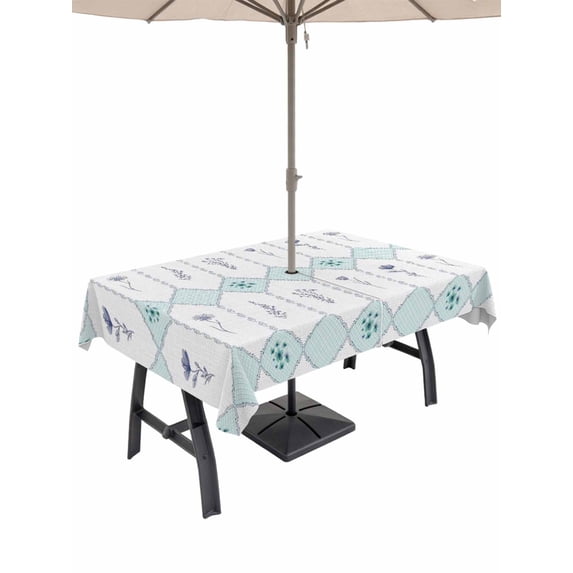Outdoor Tablecloth with Umbrella Hole for Patio/Picnic/Party/Camping, Teal Flowers Geometric Waterproof Table Cloth Rectangle Table Cover Washable, Spring Floral Elegant Pastoral (60"x 84")
