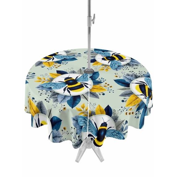Outdoor Tablecloth with Umbrella Hole for Patio/Picnic/Party/Camping, Teal Green Bees Farmhouse Waterproof Table Cloth Round Cover Washable, Spring Summer Botanical Flowers (Dia 60")