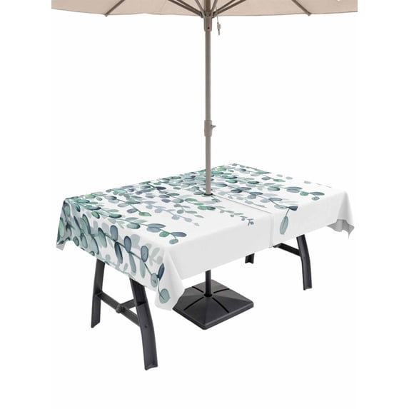 Outdoor Tablecloth with Umbrella Hole for Patio/Picnic/Party/Camping, Teal Green Eucalyptus Leaves Waterproof Table Cloth Rectangle Table Cover Washable, Spring Plants Leaves Country (60"x 102")