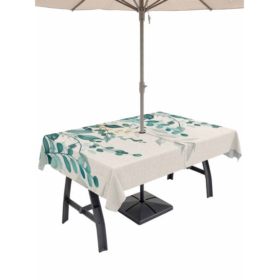 Outdoor Tablecloth with Umbrella Hole for Patio/Picnic/Party/Camping, Teal Green Eucalyptus Waterproof Table Cloth Rectangle Table Cover Washable, Farmhouse Weeping Leaves Linen (52"x 70")