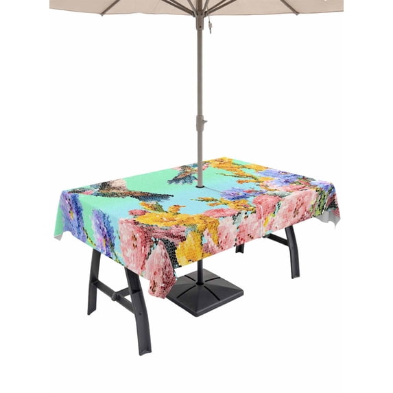 Outdoor Tablecloth with Umbrella Hole for Patio/Picnic/Party/Camping, Teal Green Hummingbirds Waterproof Table Cloth Rectangle Table Cover Washable, Spring Watercolor Flowers Plant (60"x 120")