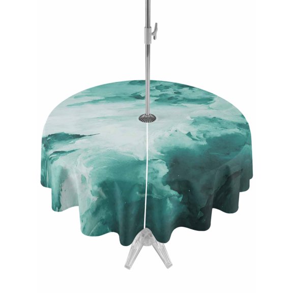 Outdoor Tablecloth with Umbrella Hole for Patio/Picnic/Party/Camping, Teal Green Ombre Clouds Waterproof Table Cloth Round Cover Washable, Modern Abstract Gradient Cloud (Dia 54")