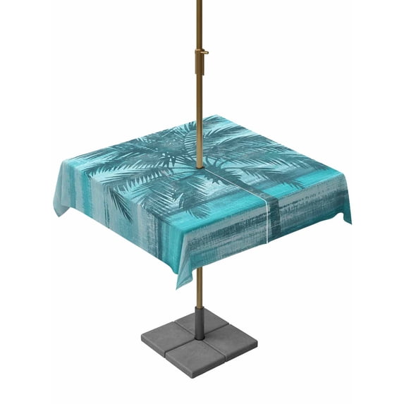 Outdoor Tablecloth with Umbrella Hole for Patio/Picnic/Party/Camping, Teal Green Palm Tree Waterproof Table Cloth Square Cover Washable, Coastal Tropical Trees Vintage Summer (54"x 54")