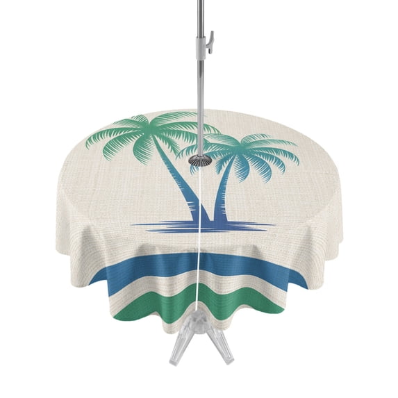Outdoor Tablecloth with Umbrella Hole for Patio/Picnic/Party/Camping, Teal Green Palm Trees Waterproof Table Cloth Round Cover Washable, Tropical Summer Coastal Striped (Dia 60")